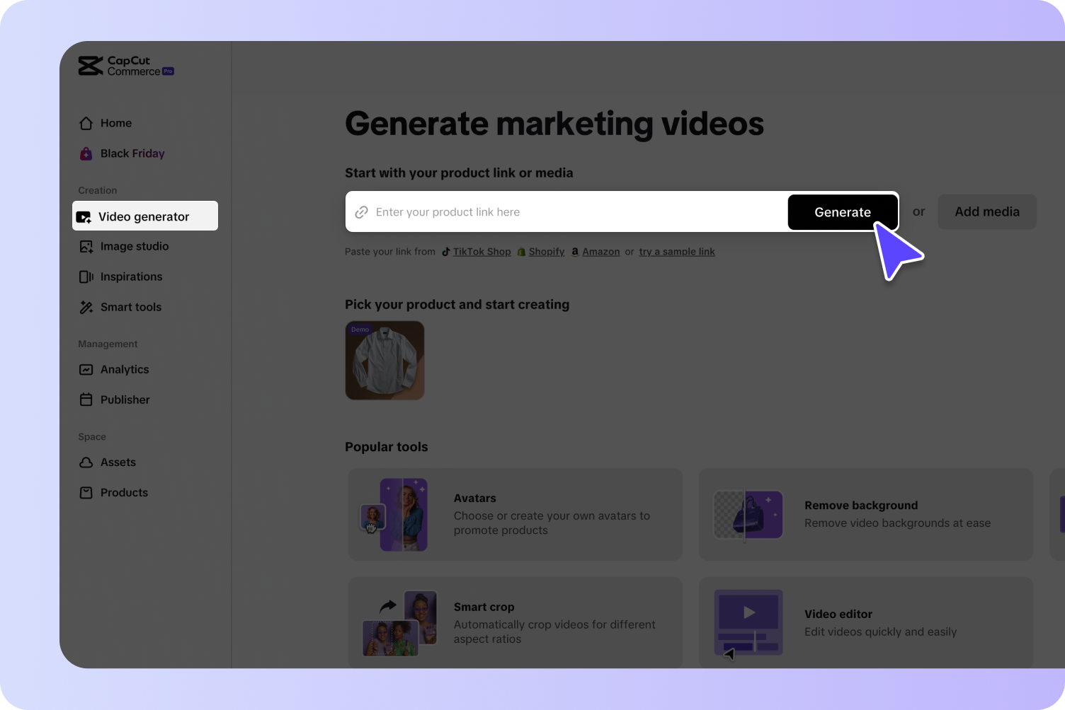 Navigate to the "Video generator" section